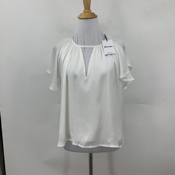 Showpo Demmi Top Womens 6 White Round Neck Keyhole Cutout Flutter Sleeve Lined - Picture 2 of 15